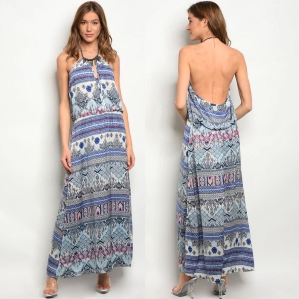 Boho Chic Blue Halter Necklace Neckline Maxi